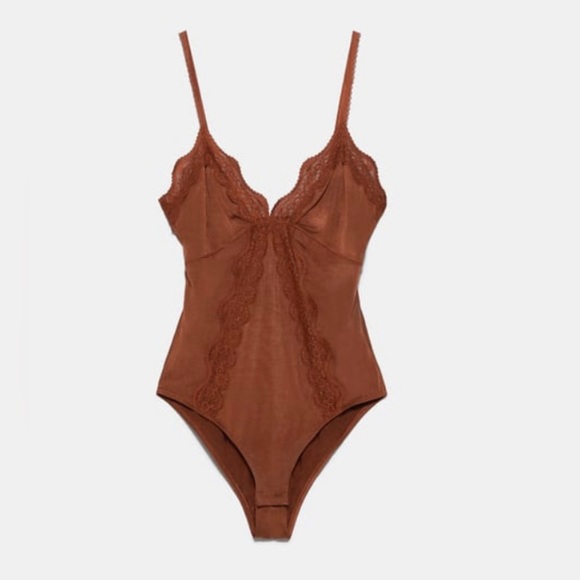 Zara Linger-Style Lace Bodysuit Brown - Picture 1 of 6